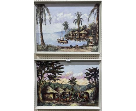 K. PAUL. 20TH CENTURY African village scenes. A pair. Signed. Oil on canvas. 18" x 24"
