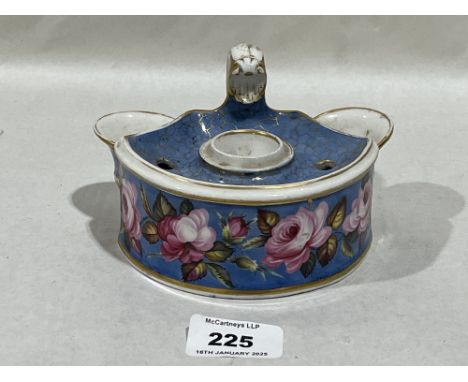 A 19th Century Chamberlains Worcester inkstand, gilded and painted with pink roses on a blue ground. Painted mark in puce. 5½