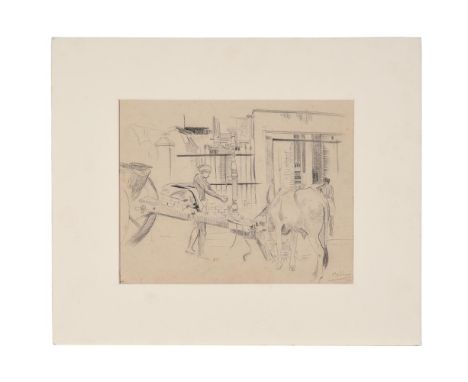 KATTINGERI KRISHNA HEBBAR (INDIAN 1911-1996)UNLOADING THE CART Pencil Signed and dated 44 (lower right)20 x 25.5cm (7¾ x 10 i