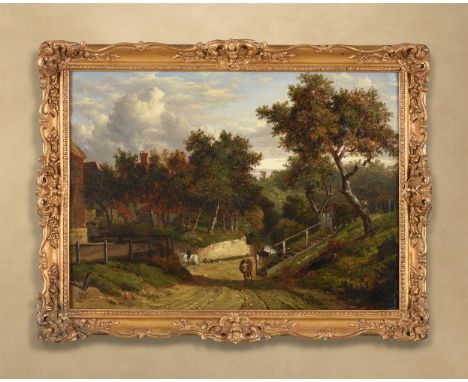 ATTRIBUTED TO PATRICK NASMYTHFIGURES RESTING, GENTLEMAN ON A HORSE AND CATTLE ON A COUNTRY TRACK Oil on board Bears signature