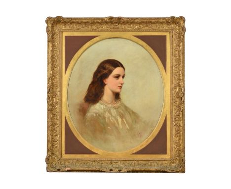 ENGLISH SCHOOL (19TH CENTURY)PORTRAIT OF A GIRL WITH A PEARL NECKLACE, DRESSED IN WHITEOil on canvas, in a painted ovalSigned