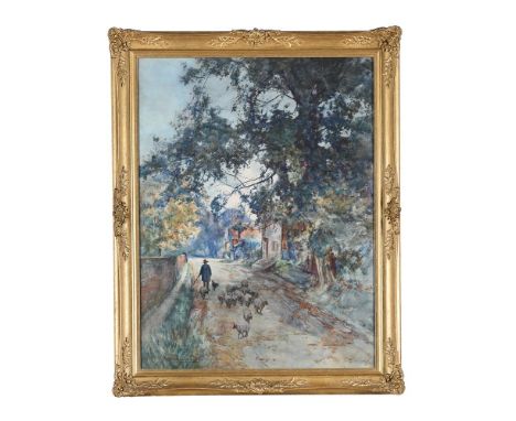 JAMES DOUGLAS (SCOTTISH 1858-1911)A SHEPHERD WITH SHEEP ON A COUNTRY LANEWatercolour and bodycolourSigned (lower left)75 x 55