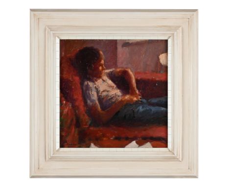 λ KEN MORONEY (BRITISH B. 1949)PORTRAIT OF A GIRLOil on boardSigned (lower left) 30 x 30cm (11¾ x 11¾ in.)Please note measure
