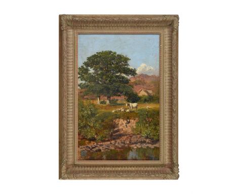 WILLIAM SNELL MORRISH (BRITISH 1844-1917)CATTLE AND SHEEP GRAZING BY A RIVEROil on canvas boardSigned (lower right)46 x 30cm 