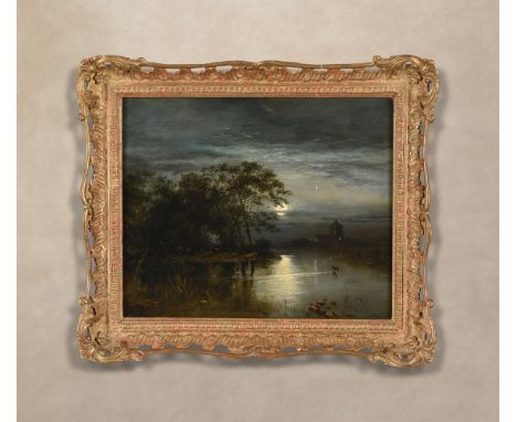 KEELEY HALSWELLE (BRITISH 1832-1891)MOONLIGHT ACROSS THE RIVER THAMES Oil on board Indistinctly signed (lower left)23 x 28cm 
