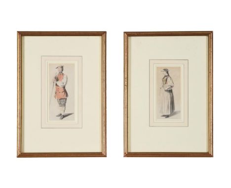 CONTINENTAL SCHOOL (18TH CENTURY)PORTRAIT OF A STANDING GENTLEMAN WITH A STAFF; PORTRAIT OF A STANDING LADY HOLDING A BAGWate