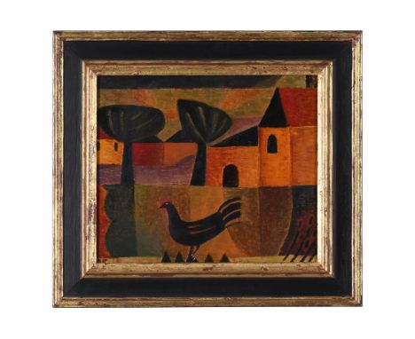 λ ANNE ROTHENSTEIN (BRITISH B.1949)COCKEREL, WITH FARM BEYONDOil on boardSigned with initials (lower left)31 x 37.8cm (12 x 1