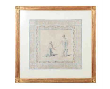 FRENCH SCHOOL (19TH CENTURY)AN ETRUSCAN-STYLE PORTRAIT OF TWO WOMEN, WITH FLORAL BORDERSWatercolour Overall inc. frame 73 x 7