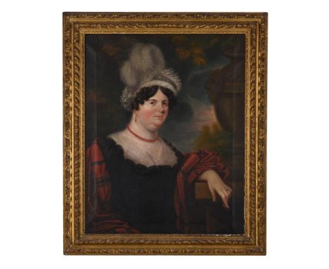 ENGLISH SCHOOL (19TH CENTURY)PORTRAIT OF A LADY, HALF-LENGTH, WEARING A BLACK DRESS AND A TARTAN SHAWLOil on canvas89 x 69cm 