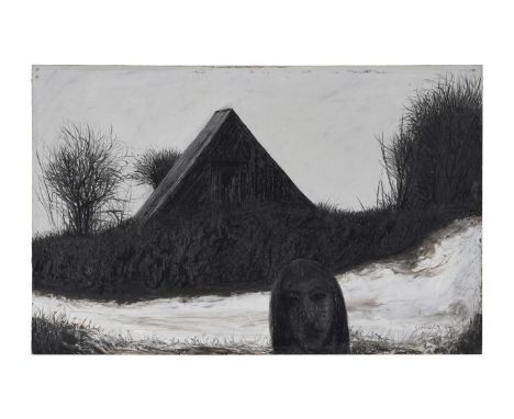 λ JACK SIMCOCK (BRITISH 1929-2012)HEAD AND SHED IN THE SNOWOil on boardSigned and dated '64 (lower right)32 x 49cm (12½ x 19¼