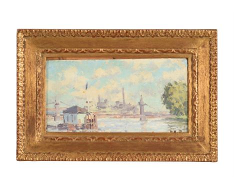 λ HUGH BOYCOTT-BROWN (BRITISH 1909-1990)VIEW OVER THE THAMES Oil on board Signed with initials (lower right)13 x 23cm (5 x 9 