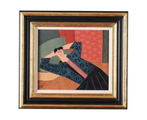 λ ANNE ROTHENSTEIN (BRITISH B.1949)WOMAN IN TURQUOISE CARDIGANOil on boardSigned with initials (lower left)31.5 x 36.5cm (12¼
