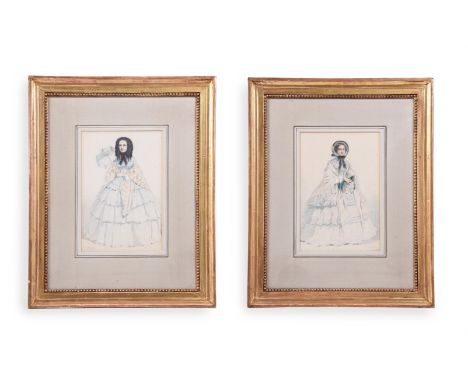 EUGENIE MORIN (FRENCH FL. 1833-1875)A PAIR OF PORTRAIT STUDIES OF LADIES, SMALL FULL-LENGTHPencil and watercolourBoth signed 