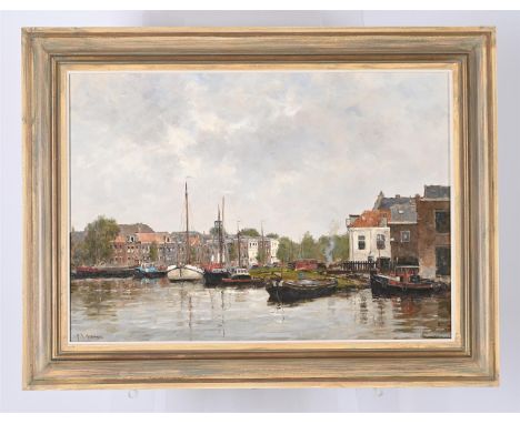 λ FRITS JOHAN GOOSEN (DUTCH B. 1943)BOATS DOCKED ON THE RIVERSIDE, POSSIBLY HAARLEMOil on canvas Signed (lower left)50 x 70.5