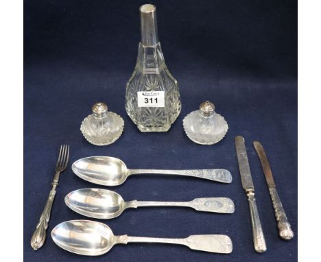 Assorted silver and silver mounted items to include; cut glass silver mounted salt and pepper, large cut glass silver mounted