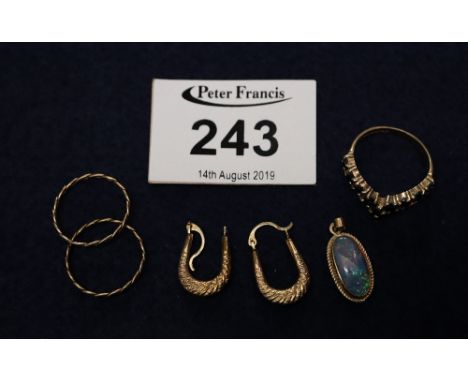 Two pairs of yellow metal earrings, a sapphire 9ct ring and an opal pendant. Approx total weight 4.8g.(B.P. 24% incl. VAT)  C