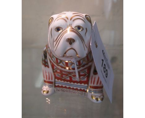 Royal Crown Derby bone china paperweight of a British bulldog with gold button. (B.P. 24% incl. VAT)