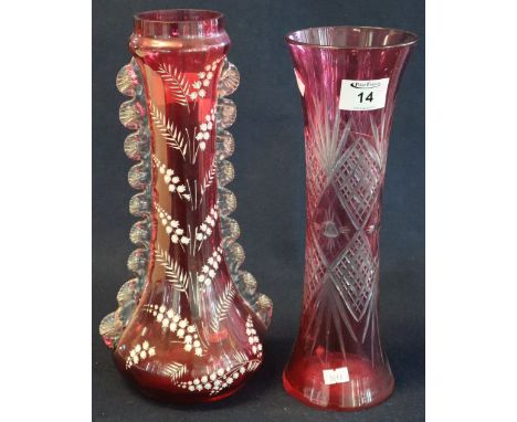 A cranberry flash cut waisted glass vase with geometric decoration, together with a Victorian design cranberry vase with lill