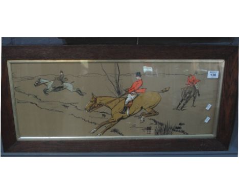 Manner of Cecil Aldin, coloured hunting print. 25 x 70cm approx, framed and glazed. (B.P. 24% incl. VAT)