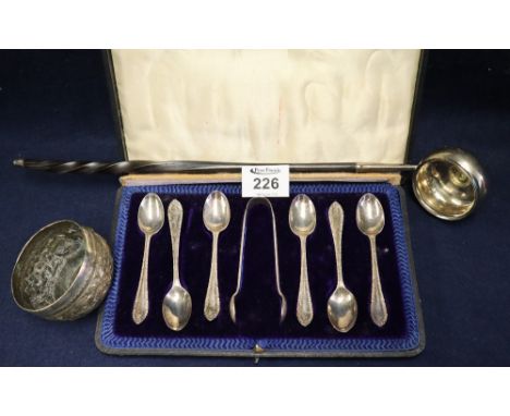 Georgian silver brandy ladle with inset coin and spirally turned wooden handle. Edinburgh hallmark, together with an Indian s