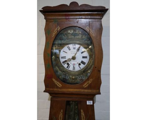 19th Century French painted pine longcase clock the face marked F. Sole ver a Challans, repousse brass face with enamel Roman