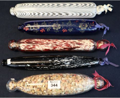 Collection of five vintage glass rolling pins to include Nailsea, Bristol blue and marbled decoration. (5)(B.P. 24% incl. VAT