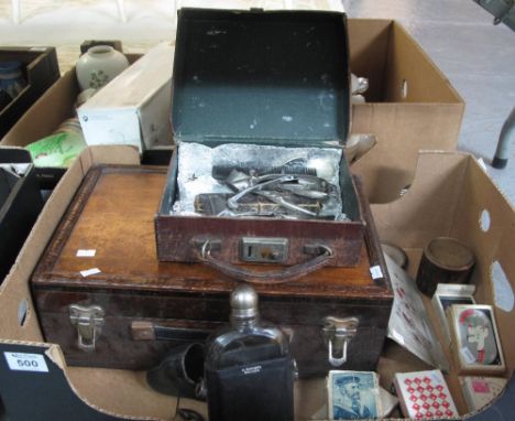 Box of oddments to include; travelling writing slope, plated hip flask in leather mount, vintage playing cards, leather suitc