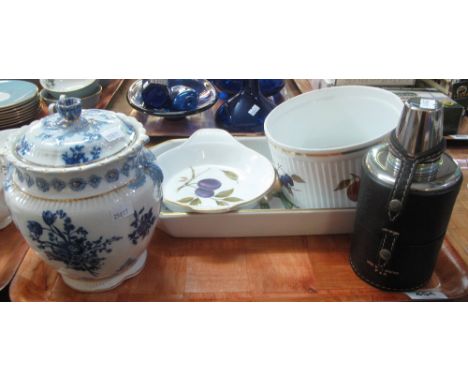 Tray of assorted items to include; blue and white transfer printed biscuit barrel and cover marked Sevres, Royal Worcester Ev