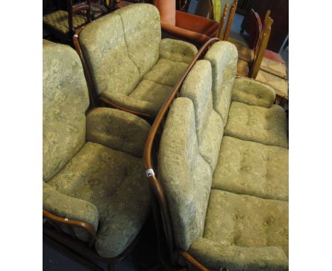 Ercol upholstered three piece suite on bentwood frame with gold label to include; three seater and two seater sofas and a sin