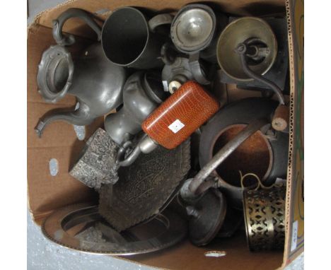 Box of assorted metalware to include; pewter teapots and similar items, plated hip flask, plated tray, Middle Eastern design 