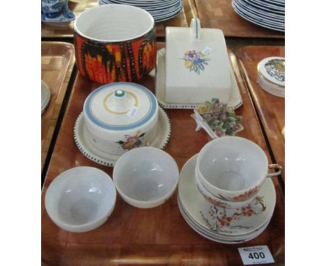 Tray of assorted china to include; Poole pottery lava planter or vase, Poole pottery butter dishes and covers, Japanese egg s