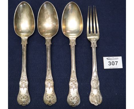 Three matching silver Kings pattern tablespoons, London hallmarks, together with a matching dinner fork. 13 troy ozs approx. 