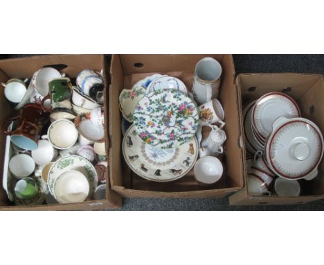 Three boxes of assorted china to include; dinnerware, jugs, breakfast cups and saucers, cake stand etc. (B.P. 24% incl. VAT)