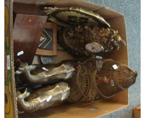 Box of assorted items to include; conical shaped bird cage, Liberty 'In God we Trust' 1972 medallion, battery operated figura