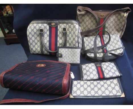 Collection of vintage Gucci style items to include; three monogrammed handbags (smallest with paper authenticity label and se