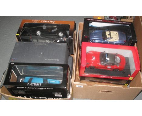 Two boxes of 1:18 scale boxed diecast model vehicles to include; Ferrari California by Elite, Hotwheels Ferrari etc.(B.P. 24%