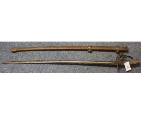 Victorian military sword having yellow metal hilt with sharkskin grip, engraved blade with VR cypher and metal scabbard. (B.P