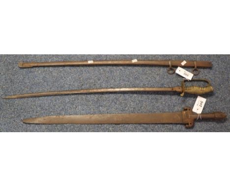Brass hilted court sword with metal scabbard, together with a Middle Eastern sword (no scabbard) and an Indian Tulwar ceremon