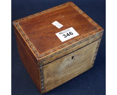 19th century mahogany tea caddy of rectangular form with geometric banding.(B.P. 24% incl. VAT)