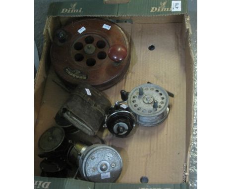 Box containing assorted vintage fishing reels including; 'The Seareel', together with a leather wallet containing assorted fi