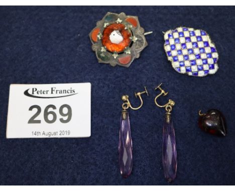 A Scottish pebble brooch, enamel brooch, pair of purple glass earrings and a heart pendant.(B.P. 24% incl. VAT)