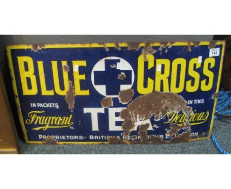 Original single sided enamel sign 'Blue Cross Tea'. 37 x 70cm approx. (B.P. 24% incl. VAT) CONDITION REPORT: Badly damaged wi