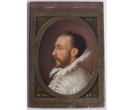 A late 16th century British miniature portrait of a gentleman with a beard and a white ruff, oil on copper, framed and glazed