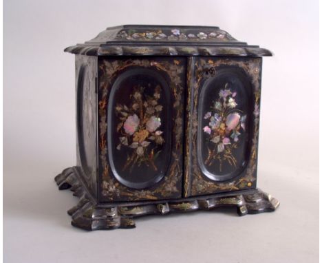 A Victorian papier-mache sewing chest, probably by Jennens & Bettridge, mother of pearl inlaid throughout with floral and gil