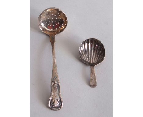 A George IV Scottish shell pattern silver sifter spoon, by James McKay, Edinburgh 1760, and a Georgian silver shell caddy spo