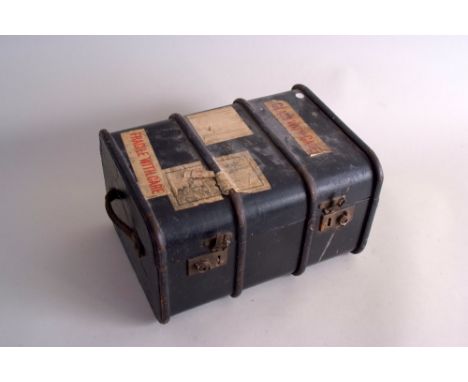 An early 20th century miniature trunk with wood strapwork and twin leather carrying handles, 33cmW x 25cmD x 19cmH