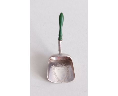 A George III silver caddy spoon, with scoop shaped bowl and turned green bone handle, by John Thornton, Birmingham 1802