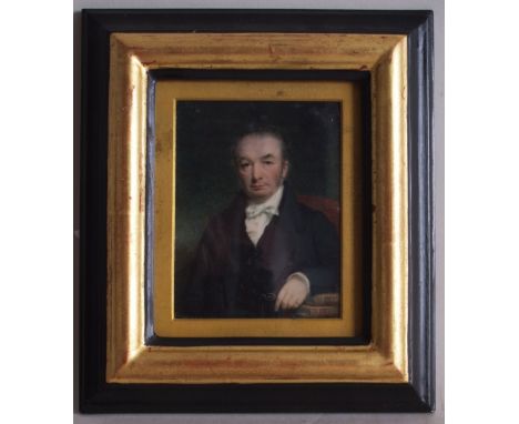 English School, early 19th century, miniature portrait of a gentleman with a white neck tie resting on a pile of books and ho