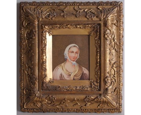 English School, Portrait of a lady in a blue and white headscarf, early 19th century, watercolour heightened with white, fram