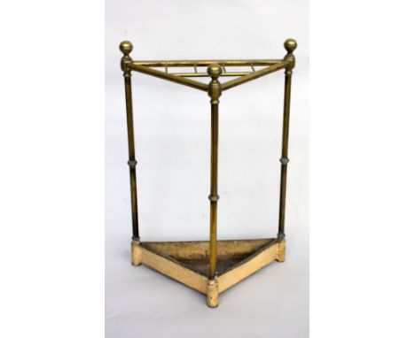 A late Victorian brass and iron corner stick and umbrella stand, of tubular construction, bears registration number 33366, 42